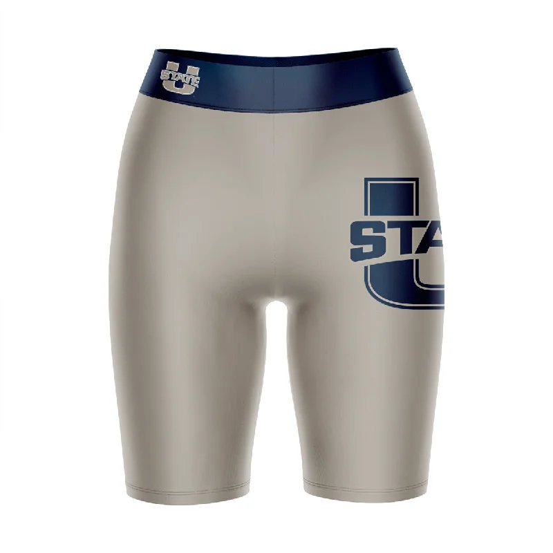 Utah State Aggies Game Day Logo on Thigh and Waistband Gray and Blue Womens Bike Shorts by Vive La Fete