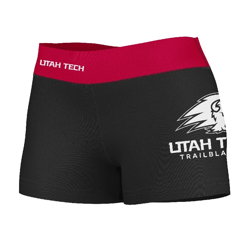 Utah Tech Trailblazers Logo on Thigh & Waistband Black & Red Womens Yoga Booty Workout Shorts by Vive La Fete