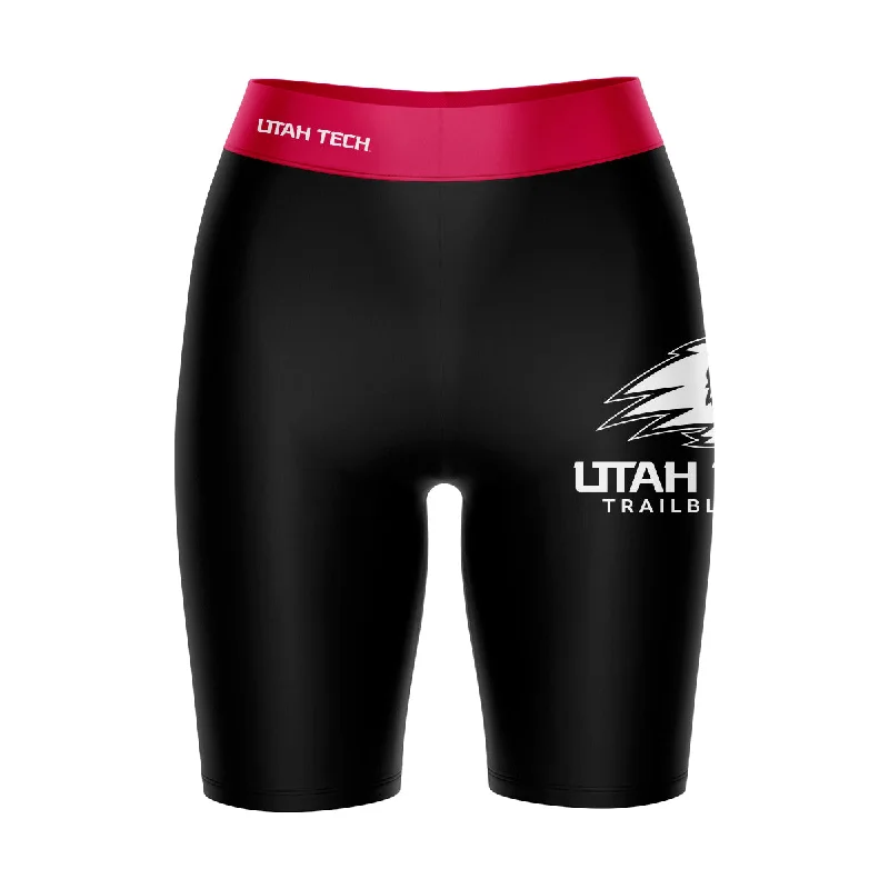 Utah Tech Trailblazers Game Day Logo on Thigh and Waistband Black and Red Womens Bike Shorts by Vive La Fete