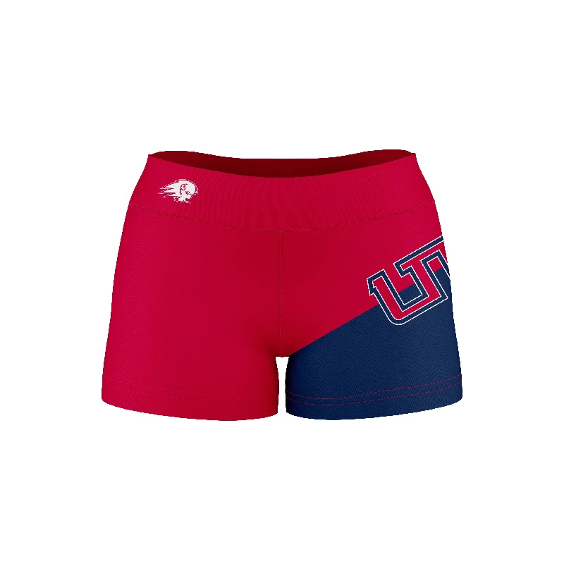 Utah Tech University Trailblazers Game Day Collegiate Leg Color Block Red Blue Optimum Womens Yoga Shorts by Vive La Fete