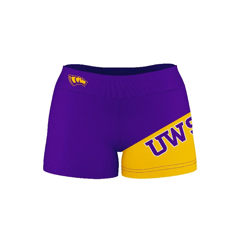 UW-Stevens Point Pointers Game Day Collegiate Leg Color Block Purple Gold Optimum Womens Yoga Shorts by Vive La Fete