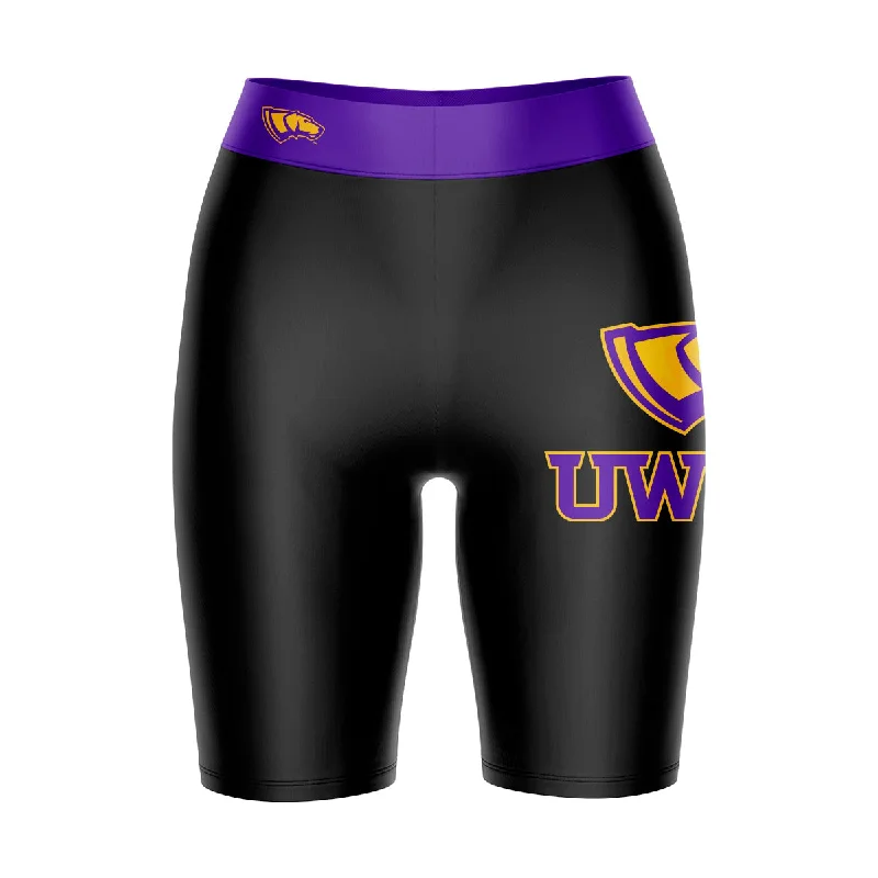 UW-Stevens Point Pointers UWSP Logo on Thigh and Waistband Black and Purple Womens Bike Shorts by Vive La Fete