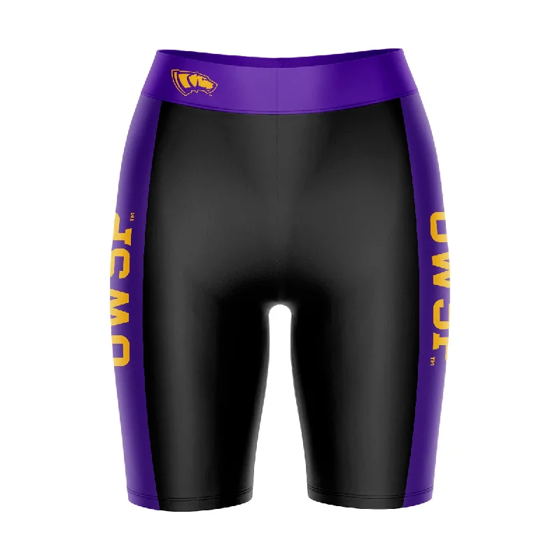 UW-Stevens Point Pointers Game Day Logo on Waistband and Purple Stripes Black Womens Bike Shorts by Vive La Fete