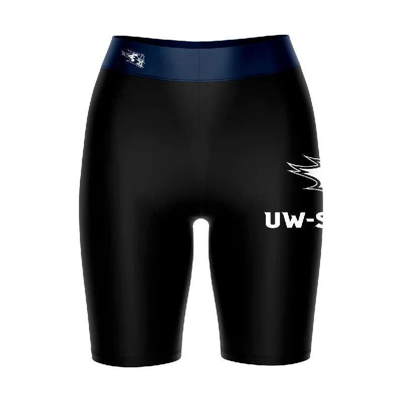 UW Wisconsin Stout Blue Devils Game Day Logo on Thigh and Waistband Black & Navy Womens Bike Shorts by Vive La Fete