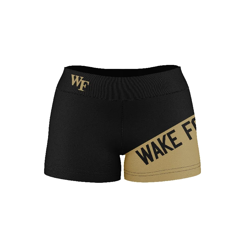 Wake Forest Demon Deacons WF Game Day Collegiate Leg Color Block Black Gold Optimum Womens Yoga Shorts by Vive La Fete