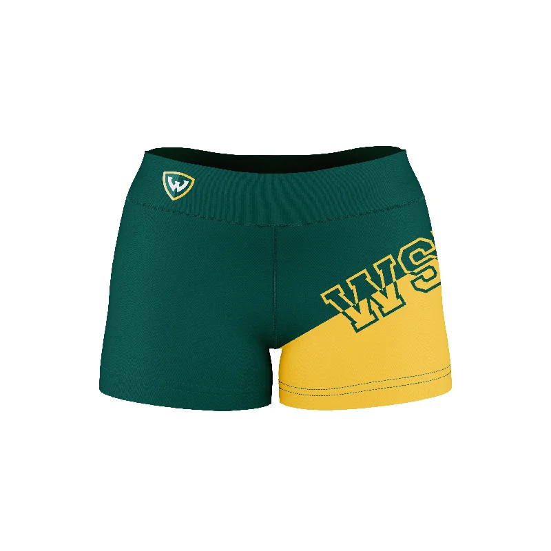 Wayne State Warriors Game Day Collegiate Leg Color Block Green Gold Optimum Womens Yoga Shorts by Vive La Fete