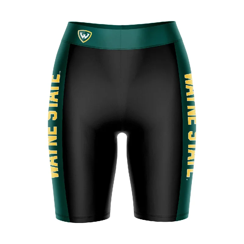 Wayne State Warriors Game Day Logo on Waistband and Green Stripes Black Womens Bike Shorts by Vive La Fete