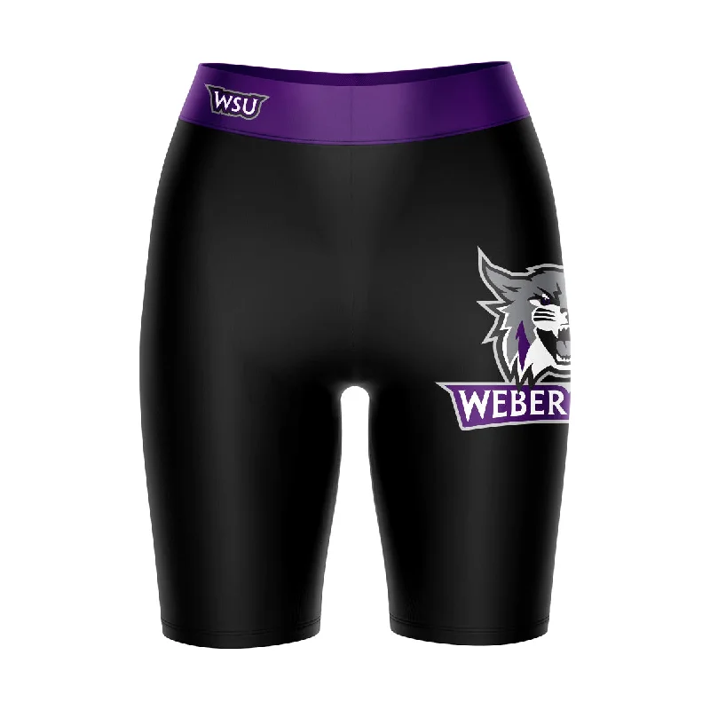 Weber State Wildcats WSU Game Day Logo on Thigh and Waistband Black and Purple Womens Bike Shorts by Vive La Fete