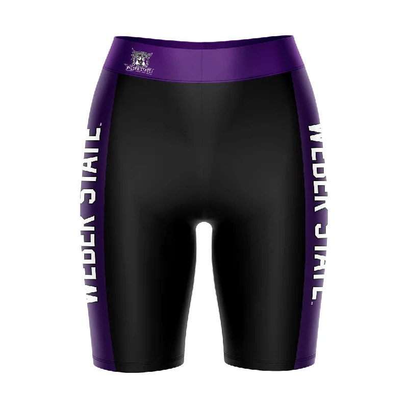 Weber State Wildcats WSU Game Day Logo on Waistband and Purple Stripes Black Womens Bike Shorts by Vive La Fete