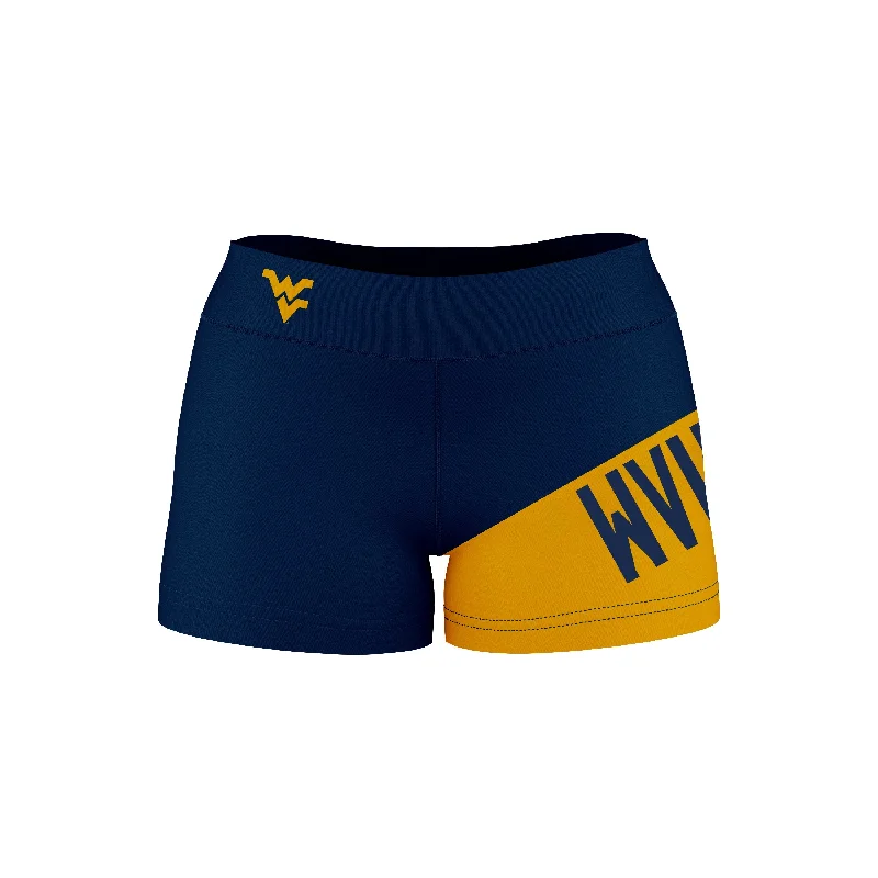 West Virginia Mountaineers Game Day Collegiate Leg Color Block Blue Gold Optimum Womens Yoga Shorts by Vive La Fete