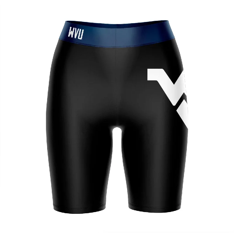 West Virginia Mountaineers Game Day Logo on Thigh and Waistband Black and Blue Womens Bike Shorts by Vive La Fete