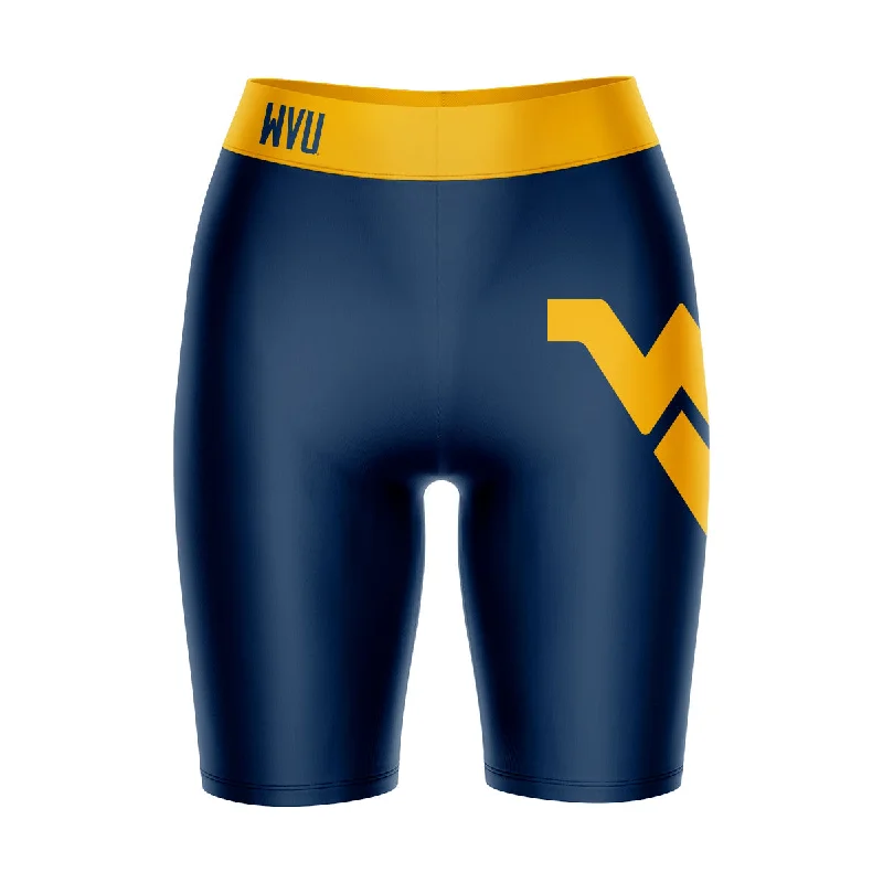 West Virginia Mountaineers Game Day Logo on Thigh and Waistband Blue and Gold Womens Bike Shorts by Vive La Fete