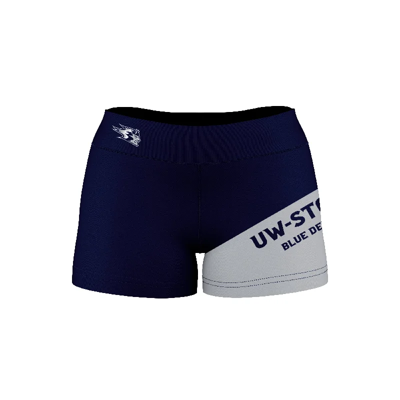 Wisconsin Stout Blue Devils UW Game Day Collegiate Leg Color Block Navy Gray Optimum Womens Yoga Shorts by Vive La Fete