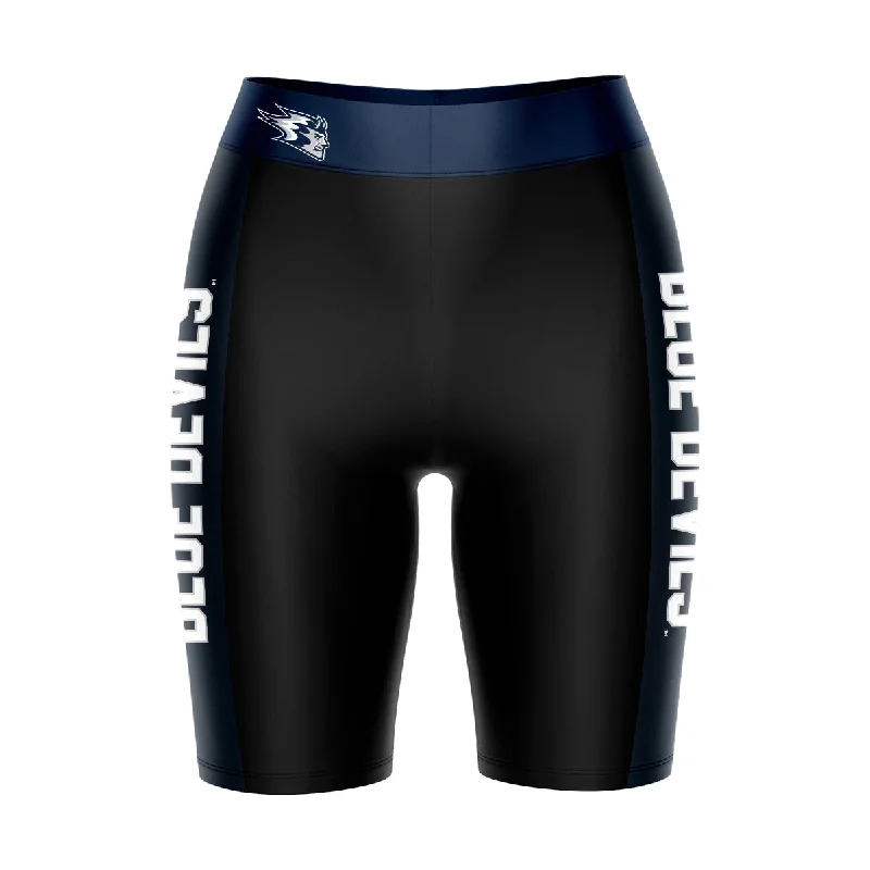 Wisconsing Stout Blue Devils Game Day Logo on Waistband and Navy Stripes Black Womens Bike Shorts by Vive La Fete