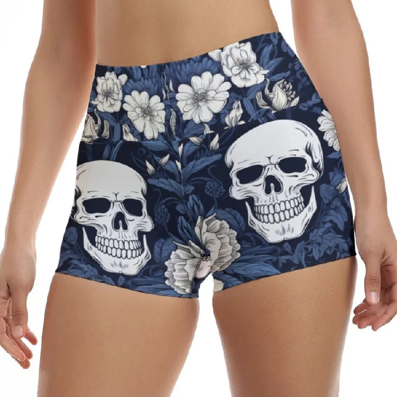Early Bird Discount Women's Blue Pattern With Skull & Flowers Ultra-Short Yoga Shorts