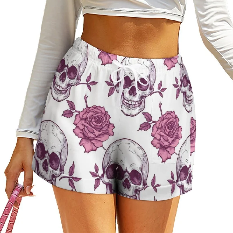 Weekend Special Women''s pink Roses & Skulls High-Waisted Loose Shorts