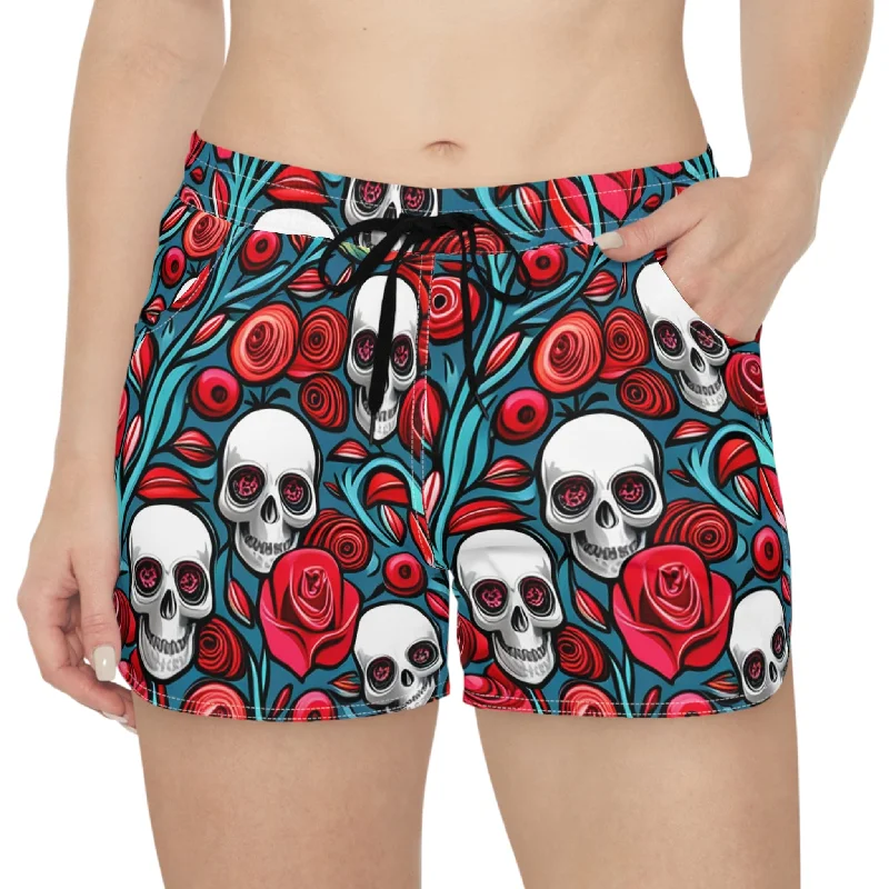 Today’s Special Women's Red Roses White Skulls Casual Shorts