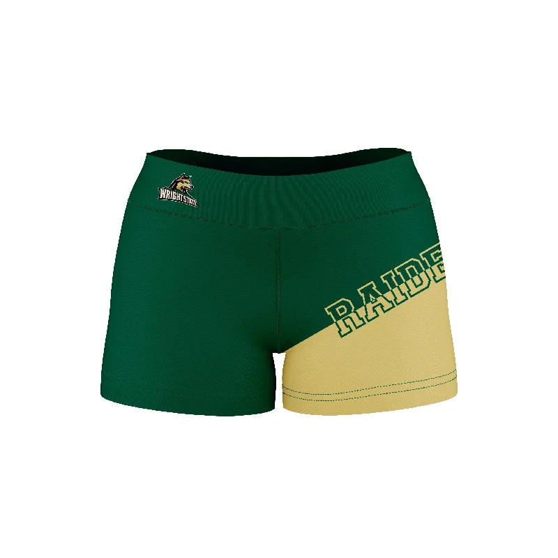 Wright State Raiders Game Day Collegiate Leg Color Block Green Gold Optimum Womens Yoga Shorts by Vive La Fete