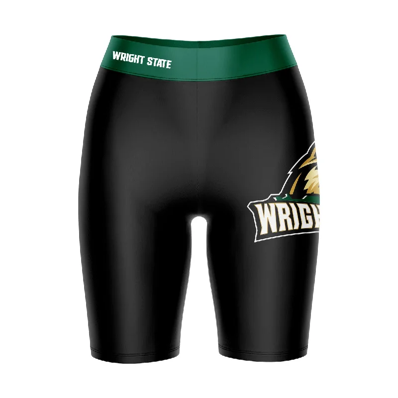 Wright State Raiders Game Day Logo on Thigh and Waistband Black and Green Womens Bike Shorts by Vive La Fete