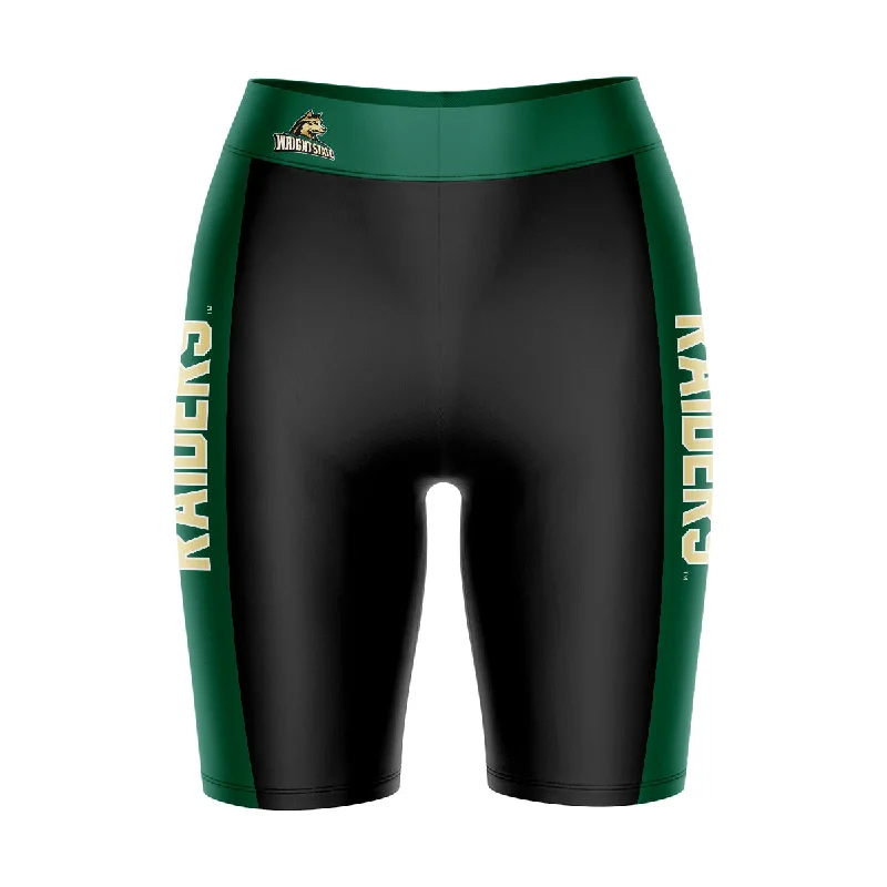 Wright State Raiders Game Day Logo on Waistband and Green Stripes Black Womens Bike Shorts by Vive La Fete