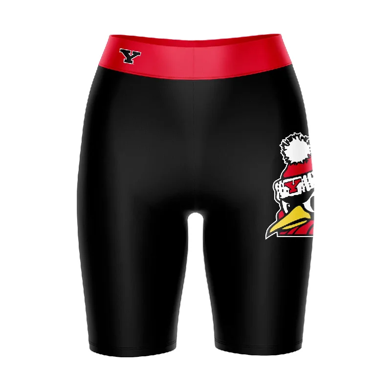 Youngstown State Penguins Game Day Logo on Thigh and Waistband Black and Red Womens Bike Shorts by Vive La Fete