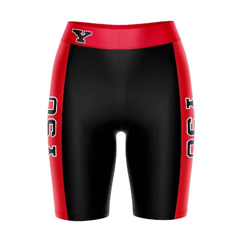 Youngstown State Penguins Game Day Logo on Waistband and Red Stripes Black Womens Bike Shorts by Vive La Fete